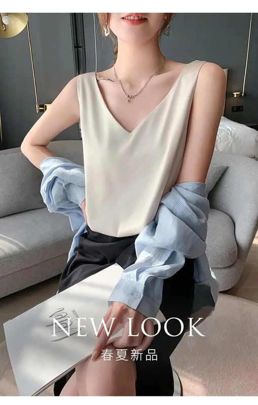 Ladies Silk Suspenders Solid Satin Vest Spring Autumn 2022 New Wild Pullover Tops Women Interior Front/Rear V-Neck Summer Thin — image 8