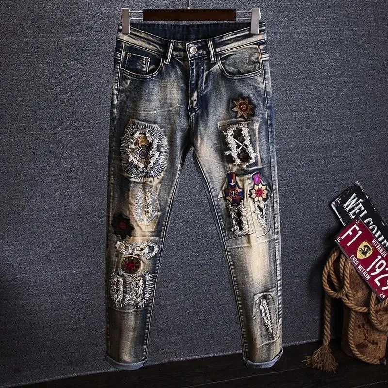 2023 Spring and Autumn New Classic Fashion Embroidered Patch Straight Leg Jeans Men's Casual Comfort Stretch High Quality Pants