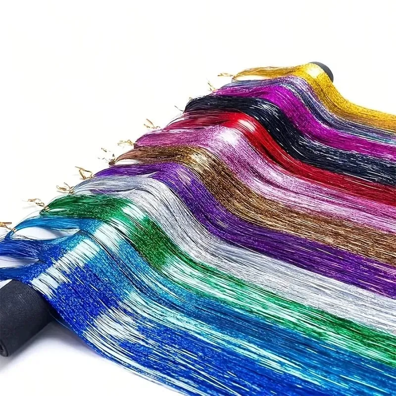 Extensions capillaires synthétiques brillantes de couleur arc-en-ciel, 90cm, 3 pièces/ensemble, guirlandes Laser longues et lisses, résistantes à la chaleur, Extensions de cheveux féeriques, fête quotidienne