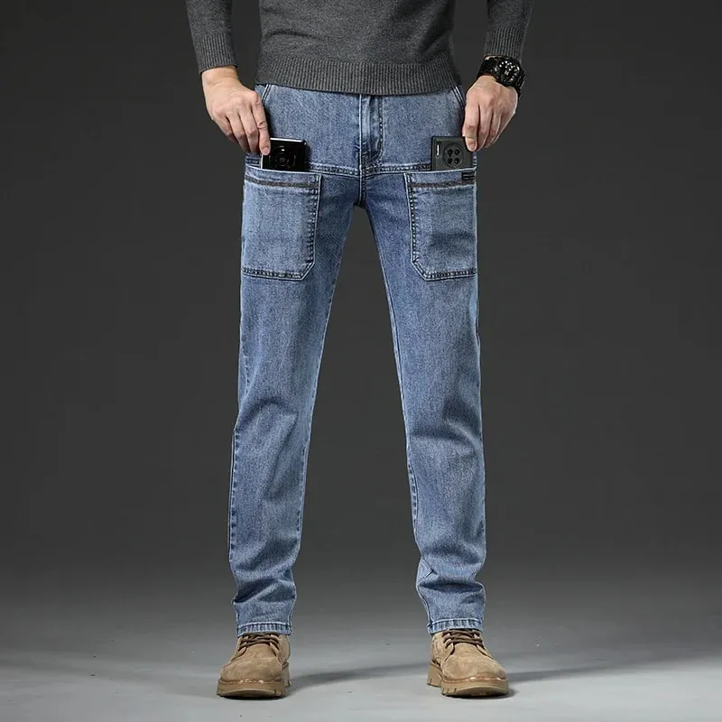 6 Pocket Design Denim Jeans Men's 2025 New High Elasticity Denim Casual Trousers Straight Male Pants Fashion Mid-waist Jeans — image 4