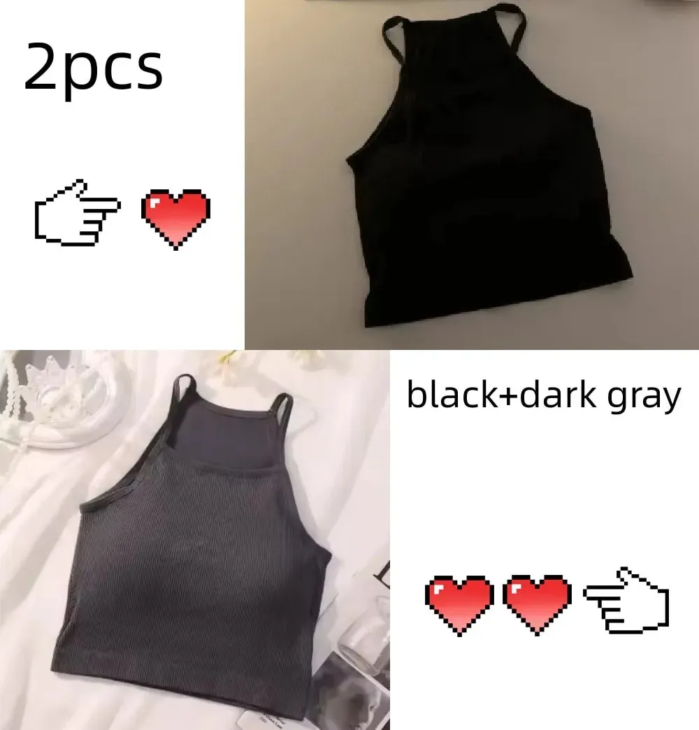 Korean Version Women Tank Tops Thread Solid Casual Fashion Crop Top with Chest Pad Stripe Sleeveless Outer Wear Basic Camisole — image 12