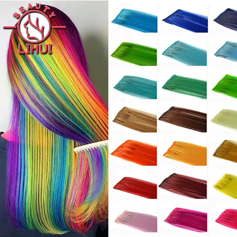 Long Straight Color Hair Piece Hair Extensions Clip In Highlight Rainbow Hair Streak Pink Synthetic Hair Strands on Clips