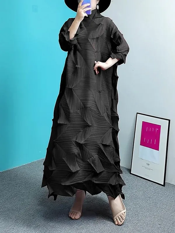 Pleated Maxi Dress For Women Turtleneck Solid Color Loose Style Female Fashion Clothing 2025 Spring Summer New 2DA3596
