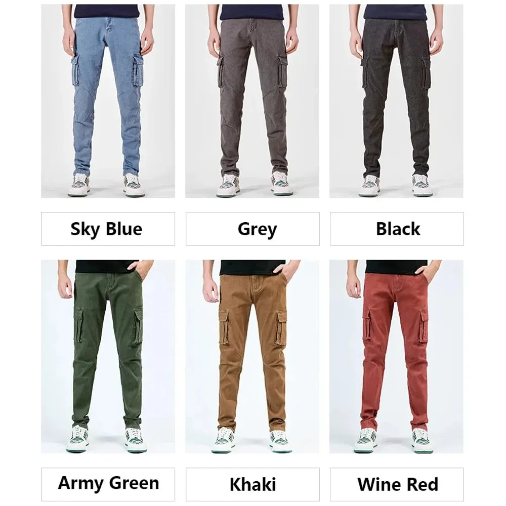 Men's Street Style Elastic Waist Denim Cargo Pants Solid Color Washed Slim Fit Casual Jeans with Multiple Pockets for Daily Wear — image 5