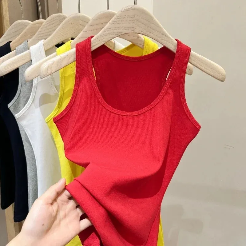 New Korean Style U-Neck Sleeveless Strap Tank Tops Slimming Base Layer Top Fashion Minimalist Design Summer Female Solid Camis — image 14