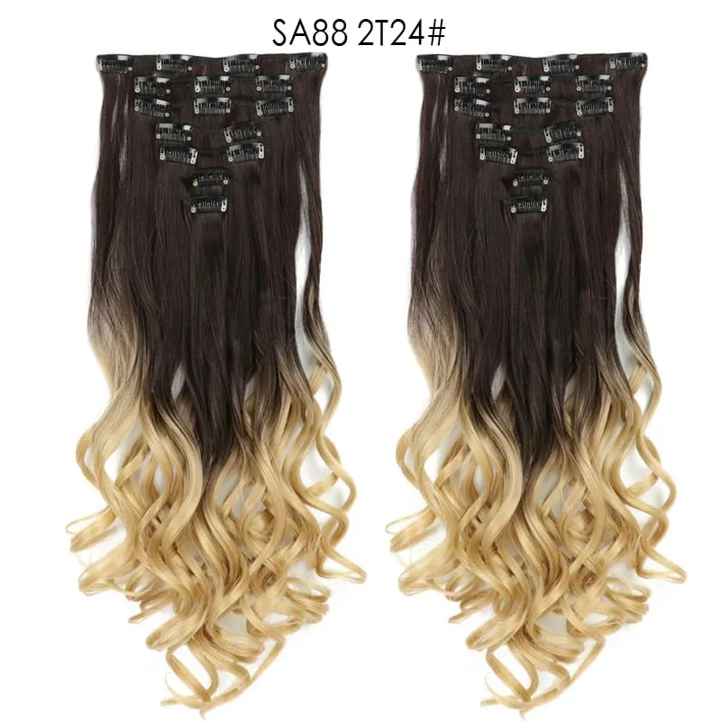 Clip in Long Wavy Synthetic Hair Extension 22 Inch Black 7PCS Thick Hairpieces Fiber Double Weft Hair for Women