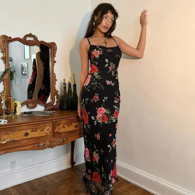 Kwiaty drukuj sukienki z paskiem Spaghetti kobiety pakiet temperamentu Hip obcisła długa sukienka moda seksowna Backless Lady Slim Vestidos — image 4
