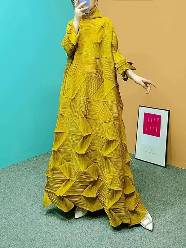 Pleated Maxi Dress For Women Turtleneck Solid Color Loose Style Female Fashion Clothing 2025 Spring Summer New 2DA3596 — image 4