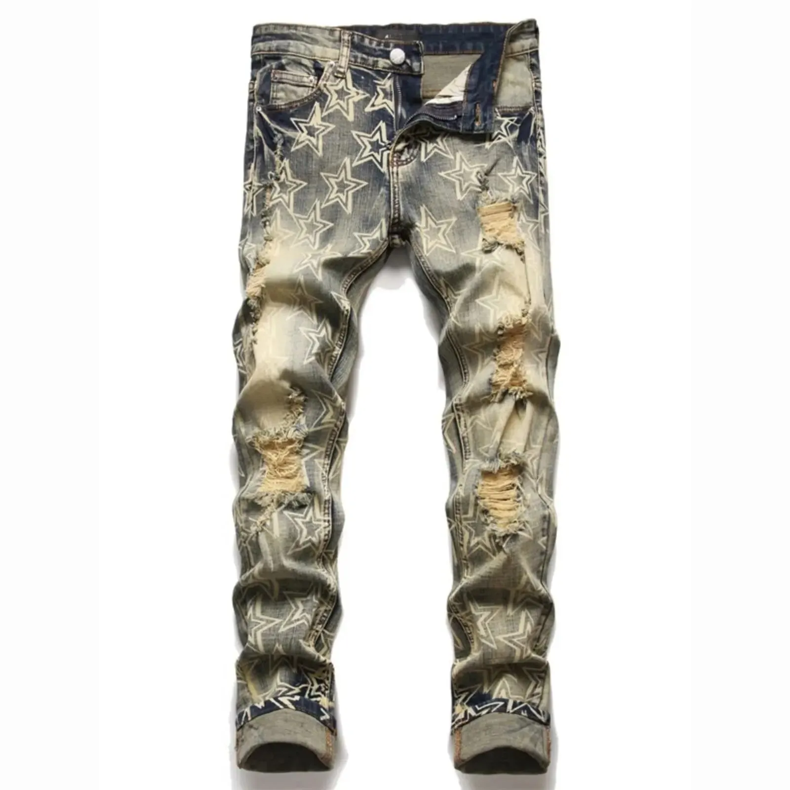 High street trendy brand new men's retro distressed distressed jeans patch slim fit leggings