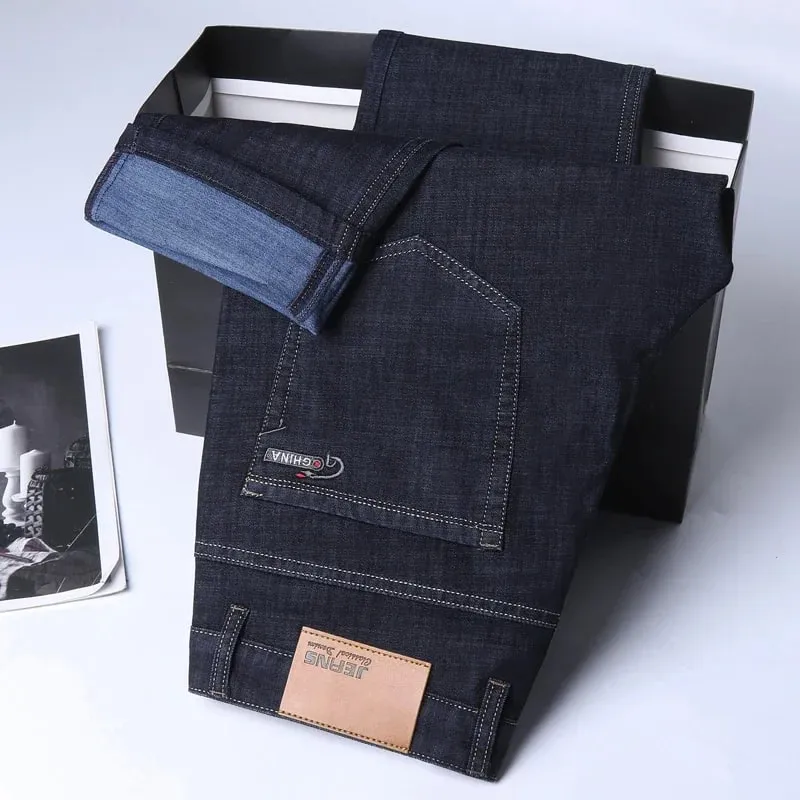 New Ice Silk Thin Denim Jeans For Men Blue Straight Stretch Cotton Pants Business Casual Lightweight Trousers Spring Summer