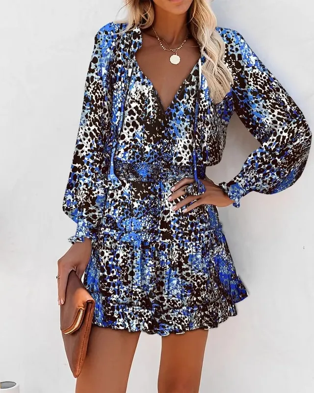 Color Printed Mini Dresses Women Spring Summer Long Sleeve V-neck Elastic Waist Ruffles Dress Fashion Trendy Ladies Vestidos — image 11