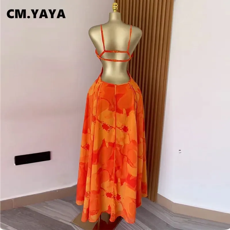 CM.YAYA Women Floral Printed Strap Backless Bra Front Big Swing Maxi Long Dress 2025 Vintage Sexy Club Party Evening Dresses — image 4