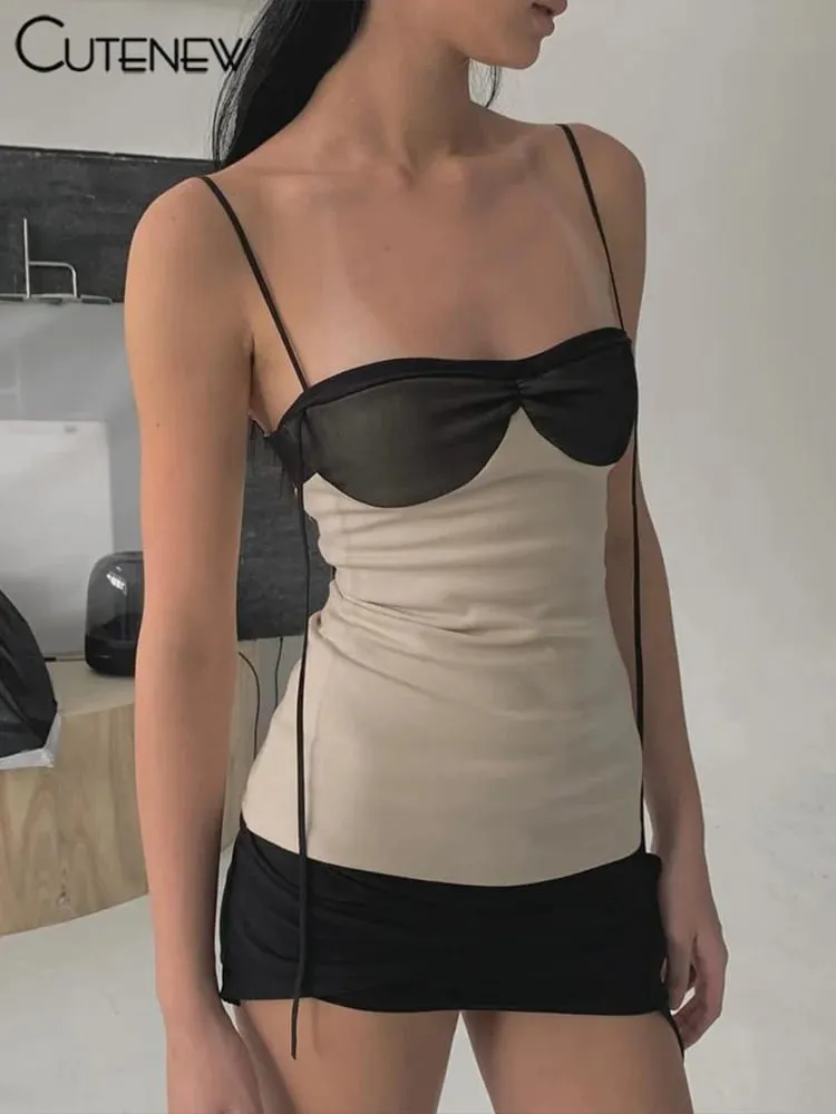 Cutenew Panelled Women Mini Dress Concise Tassel Patchwork Wrapped Chest Irregular Backless Super-Short Vestido Trend Streetwear — image 4