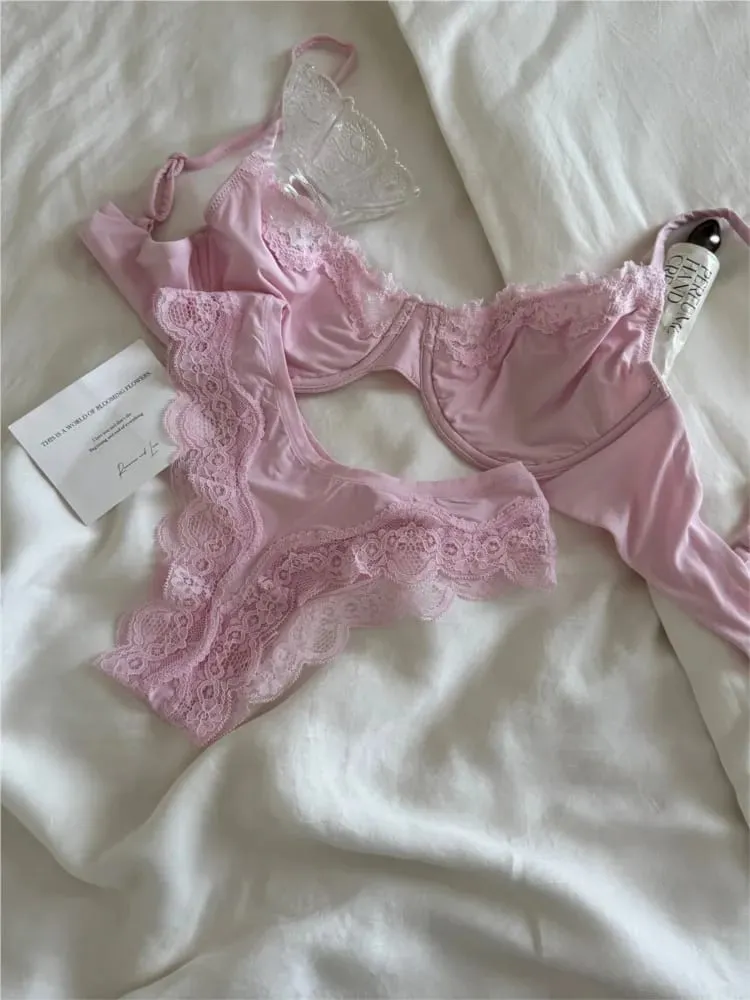 Rosafarbenes, ungefüttertes Vollschalen-BH-Set, Bügel, Spitzenbesatz, Lift, bequem, minimalistisch, nahtlos, hautfreundlich, Alltags-BHs und Höschen — image 4