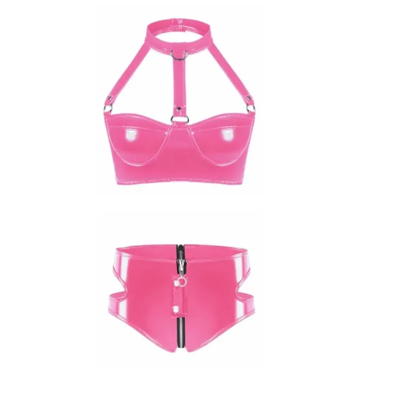 Womens Lingerie Intimates Underwear Set Rave Wet Look Patent Leather Wire-free No Padded Belly Bra Top with Zipper Panty Briefs — image 1