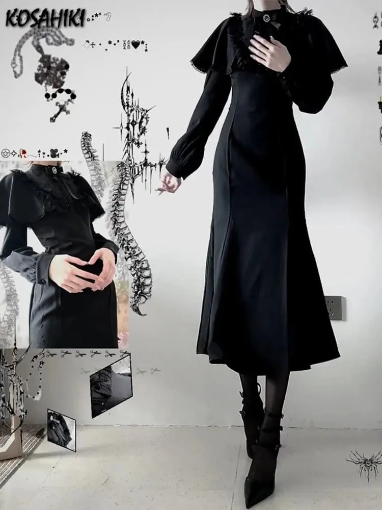 Streetwear Black Vintage Lace Patchwork Dresses Grunge Y2k Aesthetic Pleated Vestidos Gothic Harajuku Woman Bodycon Bow Dress — image 2