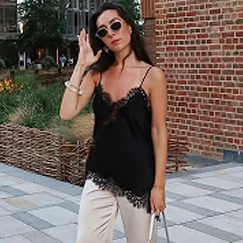 Asymmetrical Slip Top Women Summer 2025 Y2K Tanks & Camis Lace Black Off Shoulder Top Elegant Sleeveless Backless Camisole — image 6