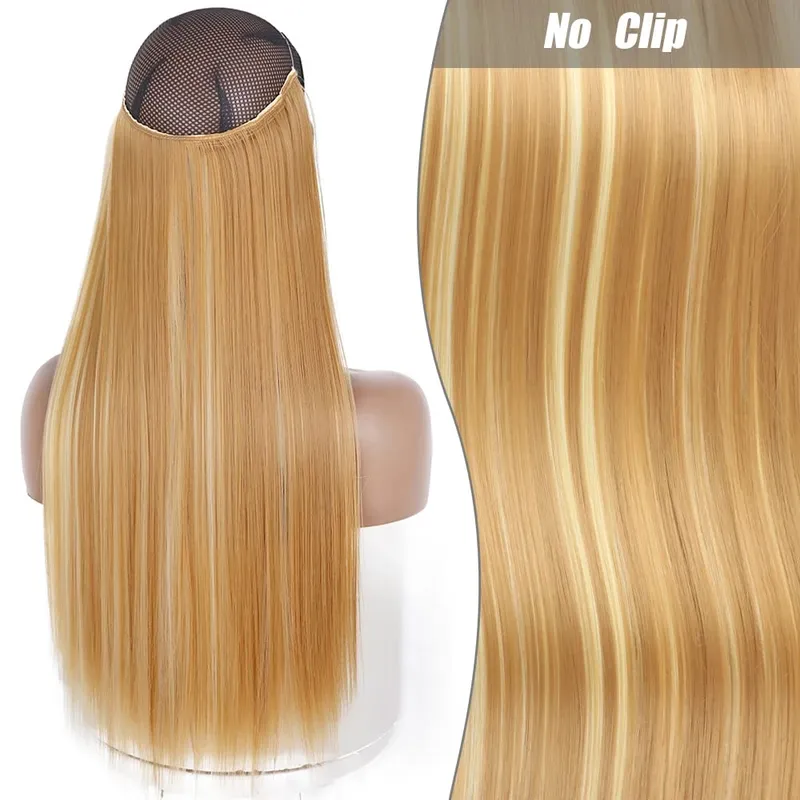 Synthetic Long Wavy No Clips Invisible Wire Hair Extensions Black Brown Blonde Fish Line False Hairpiece Piece — image 22