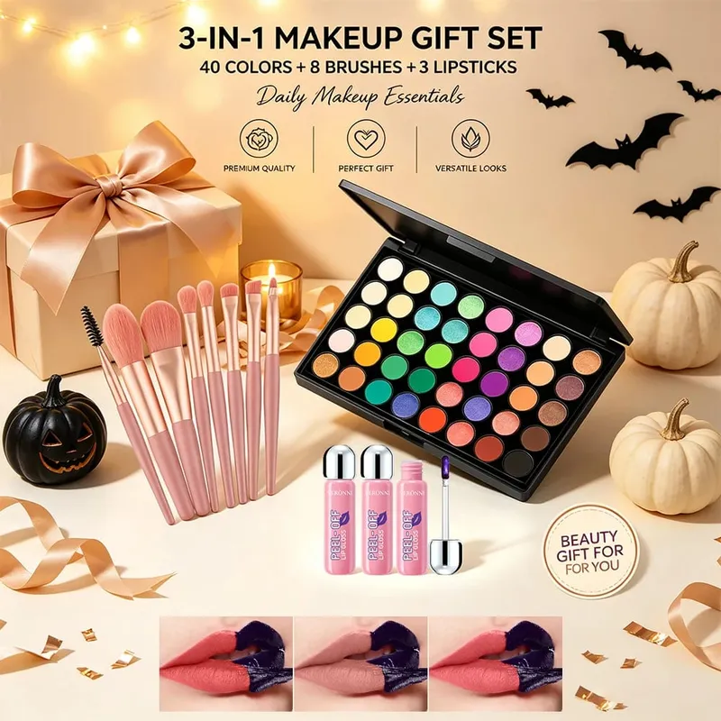 5pcs Makeup Kit 40 Colors Eyeshadow Palette + 3pcs Peel‑Off Lip Gloss with 8pcs Brushes Matte Shimmer Eyeshadow Full Makeup Gift — image 6