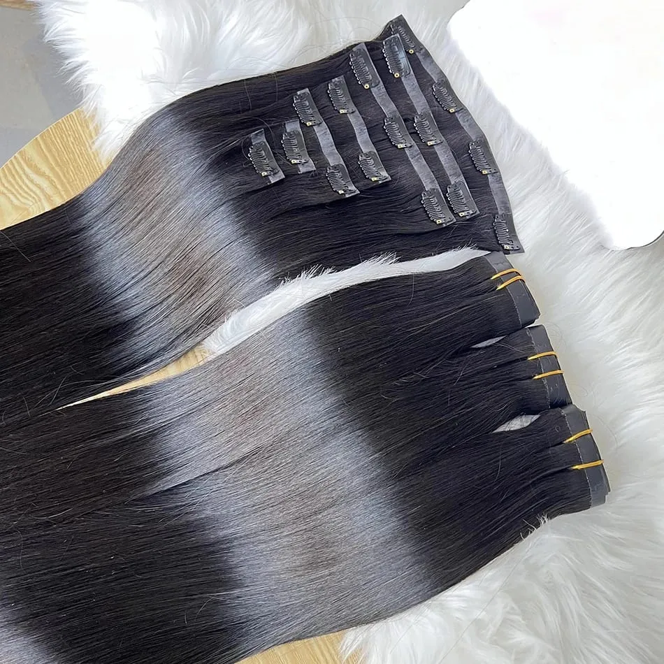 Raw Unprocessed 100g 7Pcs/Set Seamless Clips in #1B Natural Color Human Hair Extensions Long PU Weft Invisible Straight Hair — image 2