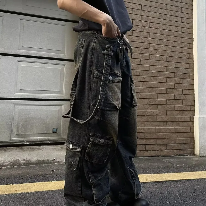 Y2K Multiple Pockets Baggy Cargo Jeans 2024 Vintage Men's and Women's Loose Straight Leg Hip Hop Pants Baggy y2k Jeans — image 4