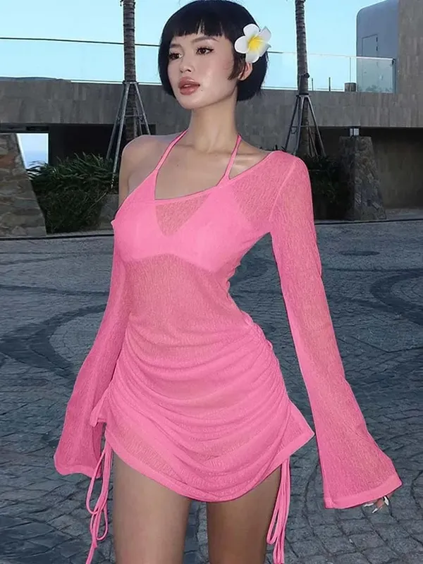 Women's Solid Skew Collar Ruched Straps Lace-Up See through Draw String Mini Dress Summer 2025 Party Clubwear — image 6