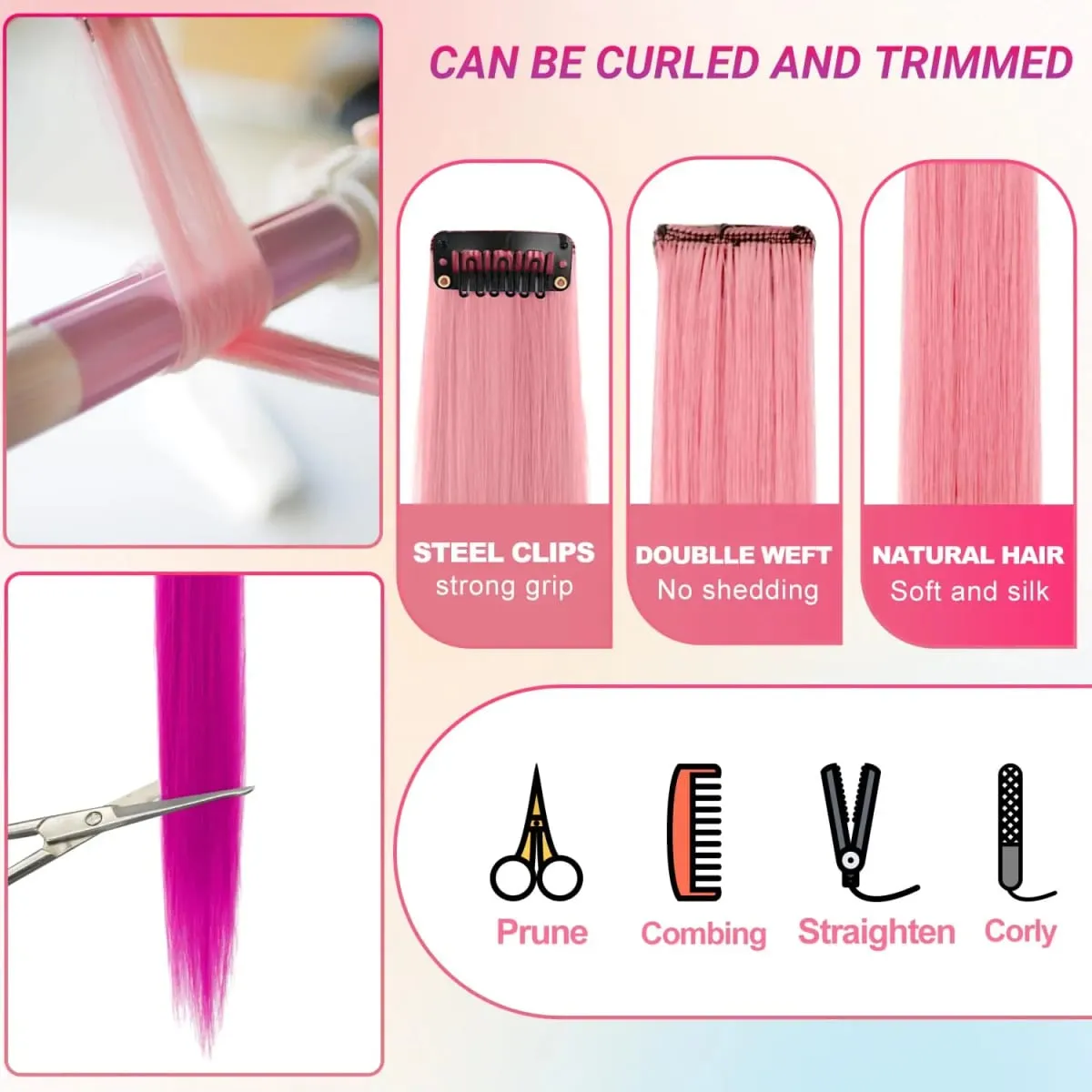 Synthetic 5PC Colored Hair Extensions 22Inch Straight Clip in Christmas Extension Rainbow Party Highlights Hairpiece for Girls — image 6