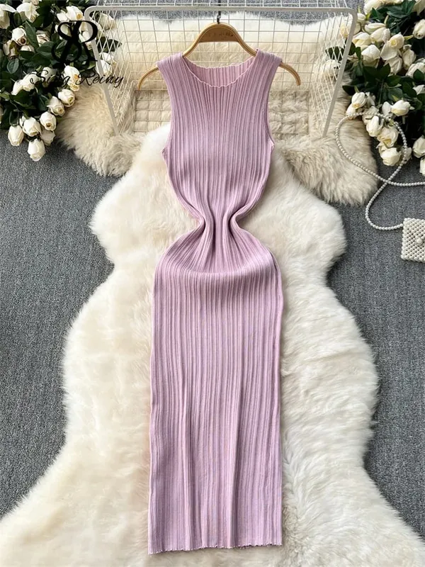 Women Sheath Long Dress O Neck Sleeveless Solid Pleated Knit Elastic Fashion Elegant Stiped Retro Sexy Bodycon Dress — image 10