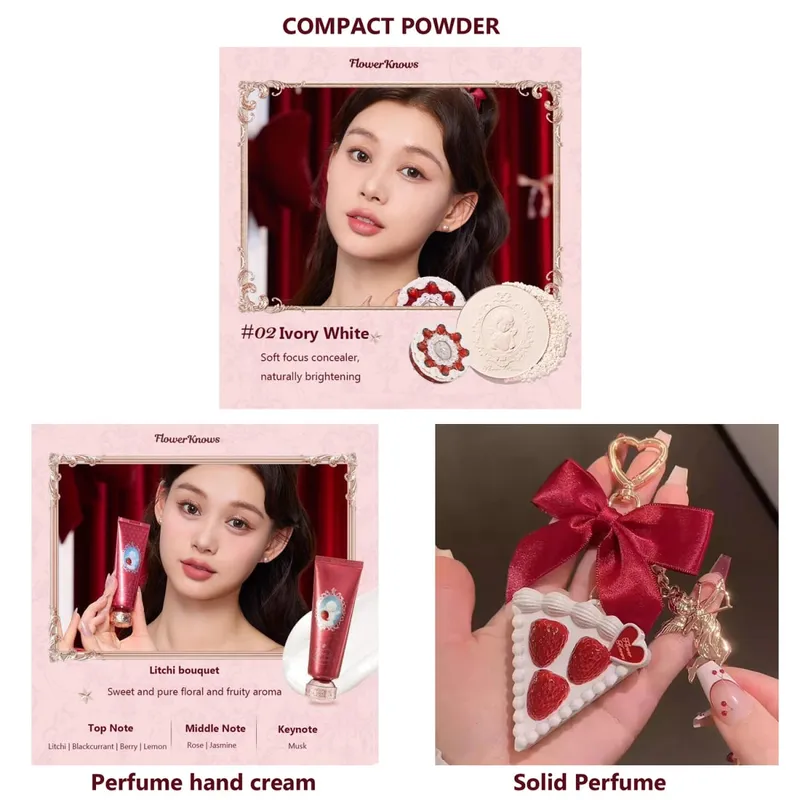 Flower Knows Sets Strawberry Cupid Full Coverage Foundation Powder Compact Powder Solid Perfume Hand Cream Gifts Set for Women