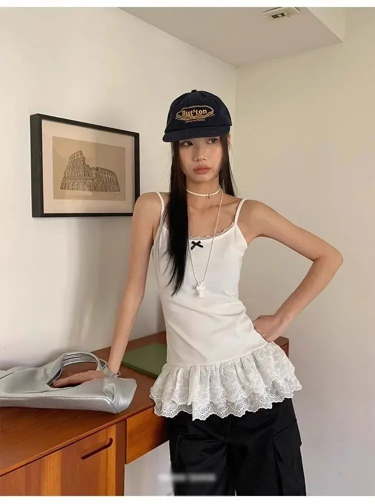 Women Patchwork Lace White Suspender Vest Trim Bottom Hem Layer Skinny Halter Tops Ruffle Edge Skin-friendly Breathable Vest — image 9