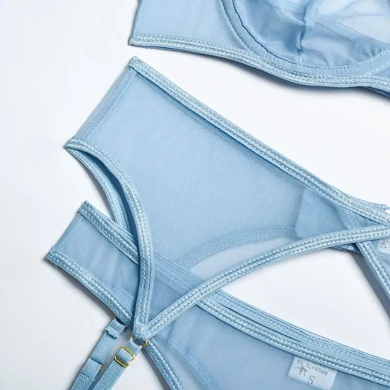 3pcs Ladies Sexy Solid Sensual Lingerie Set Mesh Underwear Women Push Up Bra Garters Brief Sets Transparent Blue Bra — image 3