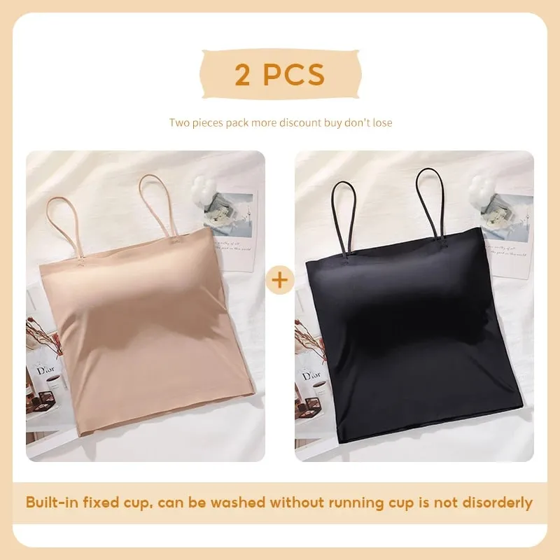 FallSweet 2PCS/set Summer Girls Ice Silk Camisoles Non-wire Bra Tanks Tops Comfort Soft Invisible Underwear Sexy Female Lingerie