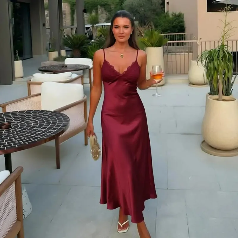Vestido sexi de satén amarillo con encaje y retales, vestido femenino con tirantes finos, sin mangas, cuello en V, corte al bies, bata de fiesta nocturna de verano 2026 — image 12