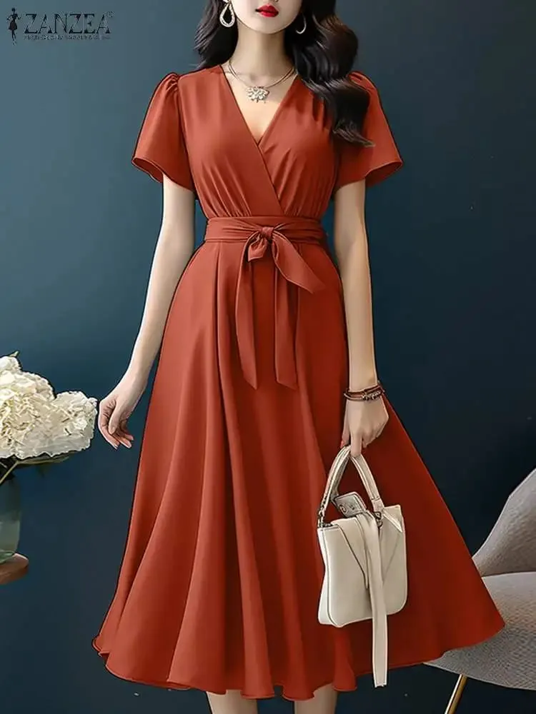 2024 Elegant Short Sleeve A-line Dresses Women Fashion Solid Color Holiday Belted Vestidos Casual V Neck Midi Sundress — image 3