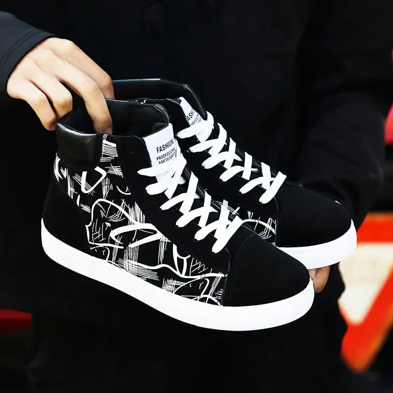 Spring and Autumn Fashion High Top Flat Bottom Black Vulcanized Men's Shoes Student Canvas Trend Winter Youth Board Shoes