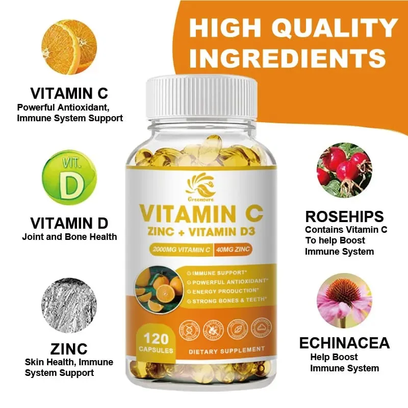 Greensure Supplements Zinc 40mg Vitamin C 2000mg and Vitamin D3 5000 IU (125mcg) Per Serving - 60/120 Capsules — image 3