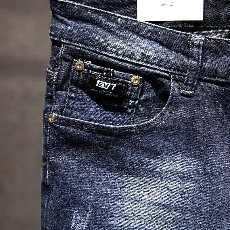 American Elastic Straight Jeans Men Ripped Worn-out Slim-fit Cotton Denim Pants Korean Style Fashion Blue Black Men's Clothing — image 7