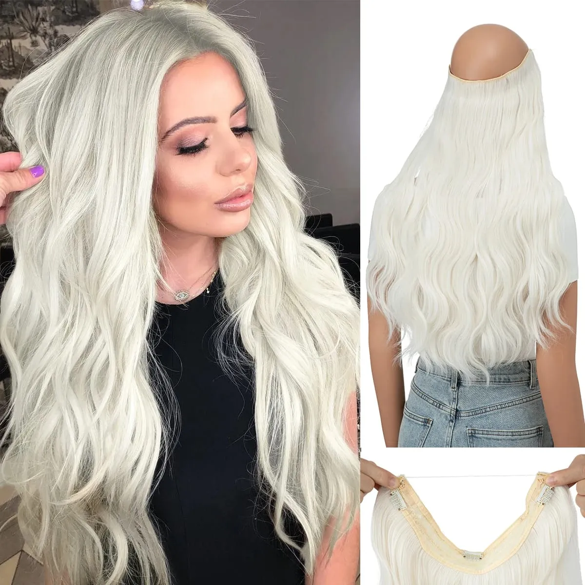 Synthetic Wave Invisible Clip in Hair Extensions Fish Line Ombre One Piece Natural Hairpiece Fake Blonde Hair Piece — image 15