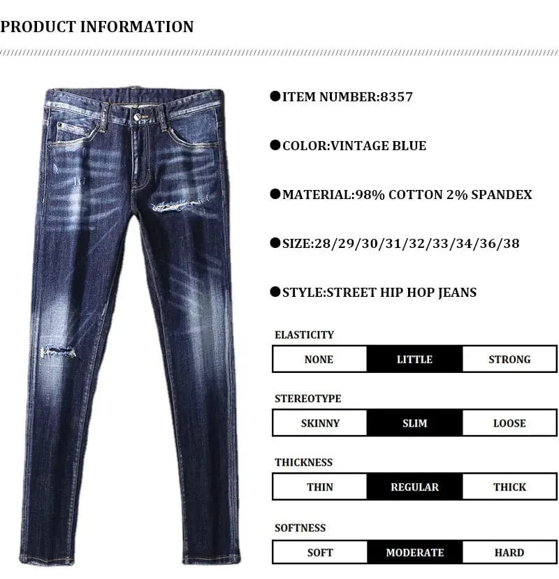 High Street Retro Blue Elastic Split Style Jeans for Men Hip-Hop Designer Embroidery Brand Tight Fit Casual Pants — image 7