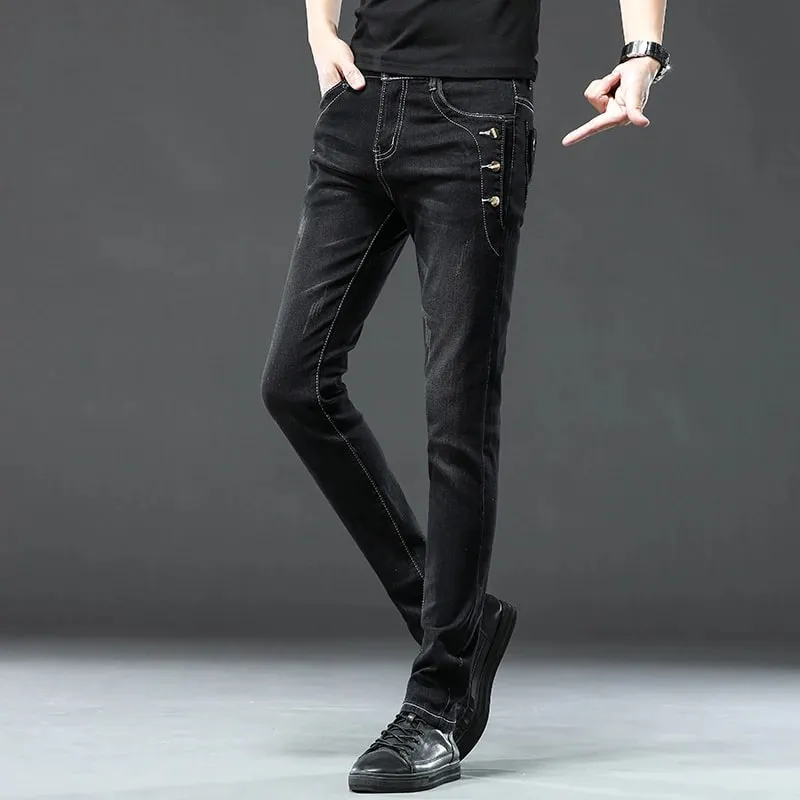 New Men Slim Korean Button Jeans Black Skinny Solid Color Stretch Multi-button Youth Male Denim Pants Streetwear — image 6