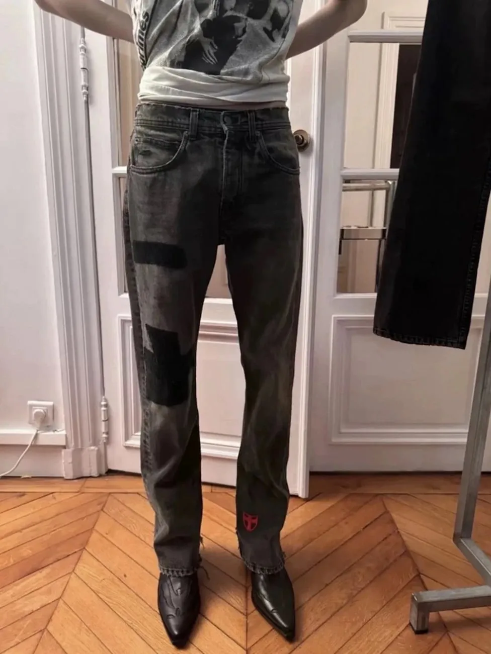 Corduroy Patch Damages Baggy Black jeans for Men Harajuku Straight Embroiery Loose Casual Denim Trousers Oversized Ropa Hombre — image 5