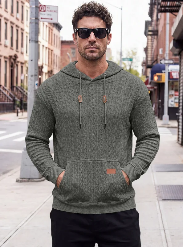 Men Thin Cable Knit Hooded Sweatshirt Drawstring Hood Kangaroo Pocket Long Sleeve Loose Casual Pullover Autumn Daily Street Tops — image 7