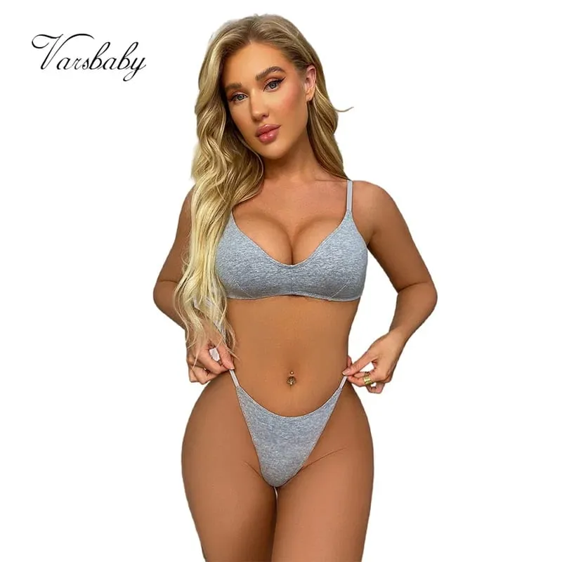 Varsbaby Women Cotton Bra Underwear Set Wirefree Backless Bra Sexy Thong Thin Strap G-strings Active Sports Set