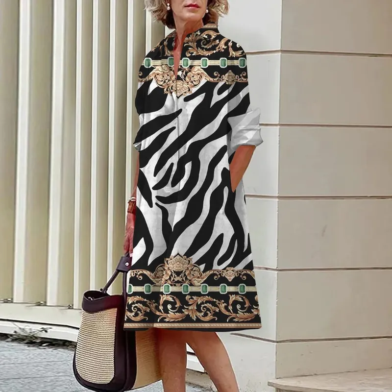 2024 Elegant Ladies Long Sleeve Shirt Dress Lapel Button Exquisite Printing Mid-Length Dress Casual Loose Commuter Shirt Dresses — image 18