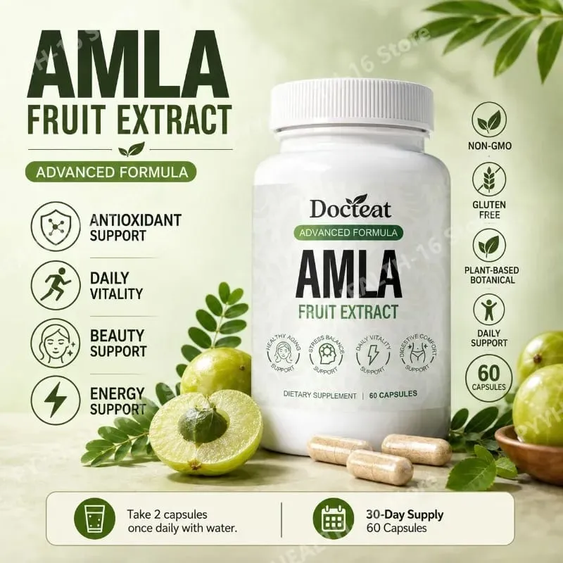 Капсулы с экстрактом фруктов Docteat Amla, поддержка иммунной функции, поддержка здоровья кожи с витамином C, B3, CoQ10, PQQ, 60 капсул