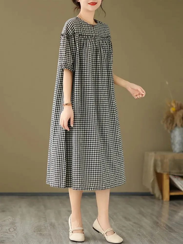 short sleeve oversized cotton linen vintage plaid new in dresses for women casual loose long summer dress elegant clothing 2026 — image 5
