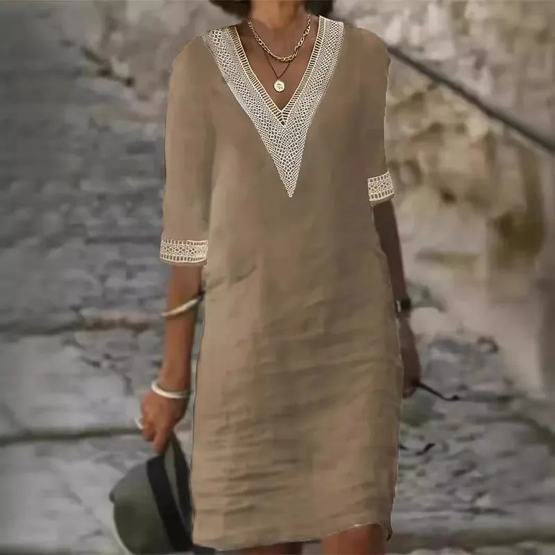 Customizable Women Dress Summer Sexy V-neck Casual Solid Dress — image 4