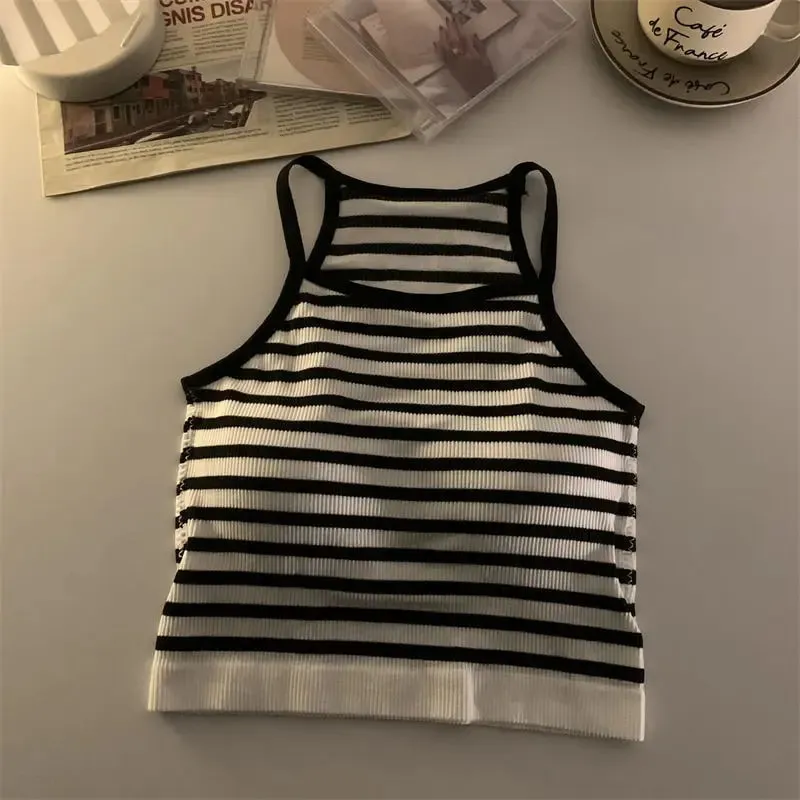 Korean Version Women Tank Tops Thread Solid Casual Fashion Crop Top with Chest Pad Stripe Sleeveless Outer Wear Basic Camisole — image 10