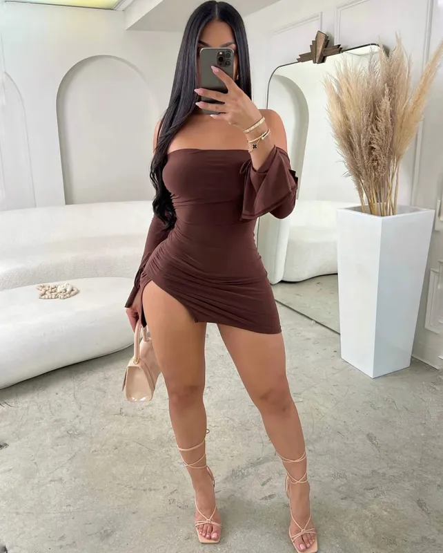 Women Strapless Backless Mini Dress For Women Black Off-shoulder Long Sleeve Bodycon Club Party Dress Clothes — image 3