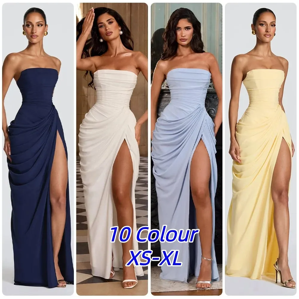 Sexy sólido plissado vestido sem alças senhora chique fora do ombro sem costas cintura alta vestidos divididos feminino 2026 novo vestido de festa à noite — image 2